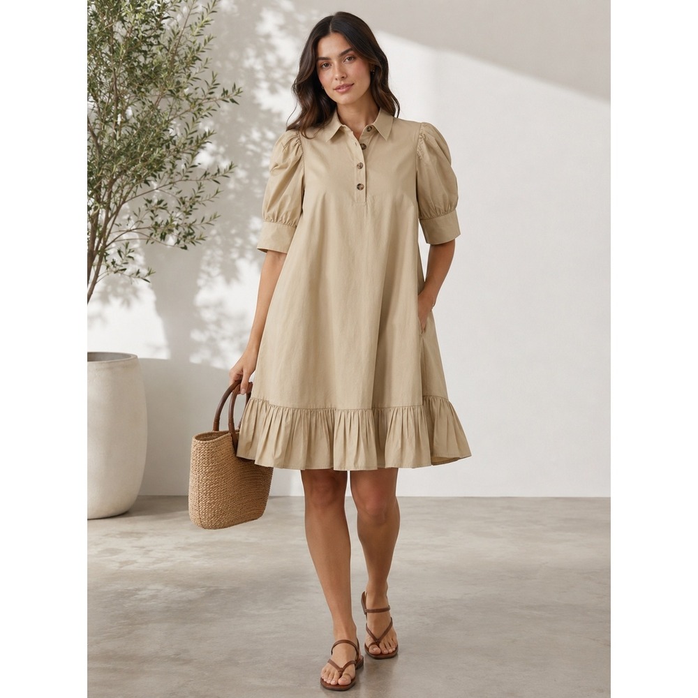 Who What Wear Womens Tan Cotton Poplin Puff Sleeve Ruffle Hem Mini Dress XS